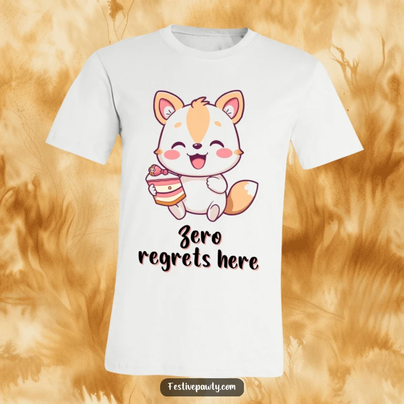 Funny happy animal character t-shirt proudly holding an oversized slice of cake, symbolizing celebration and pure dessert bliss.