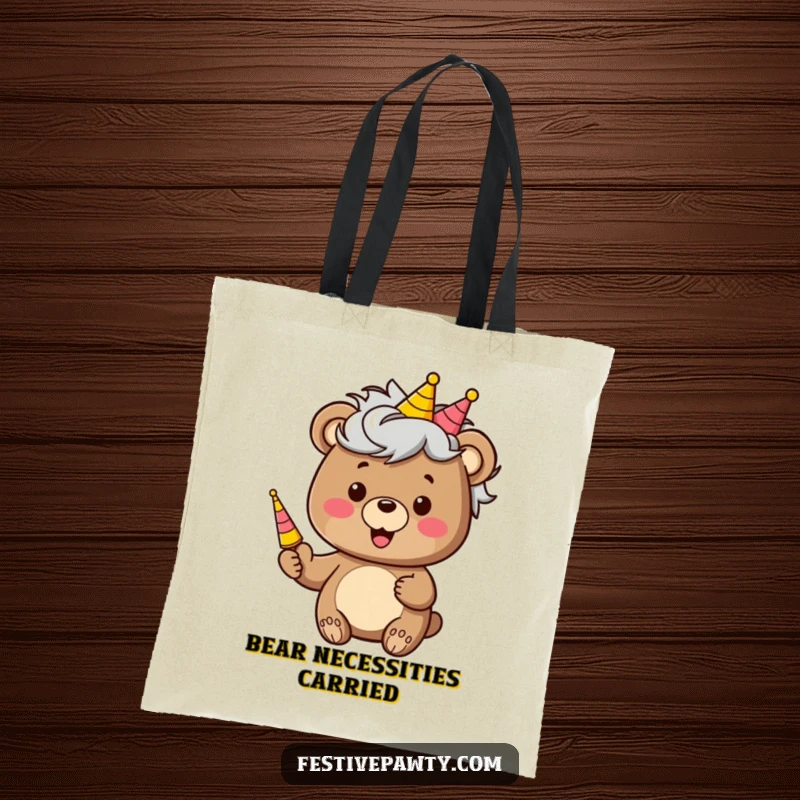 Funny tote bag showcasing a bear character with a goofy wig and a party horn, ready to bring the fun everywhere it goes.