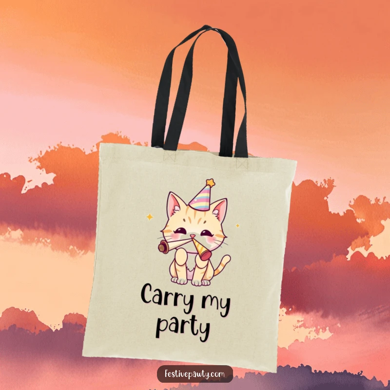 Funny cat tote bag with a cute character wearing a party hat and blowing a party horn, perfect for carrying items with festive flair.