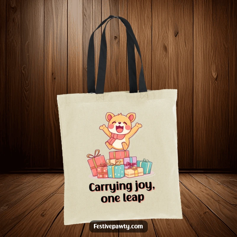 Funny tote bag depicting a dynamic cartoon animal energetically jumping over a heap of gift boxes, perfect for carrying essentials with humor.