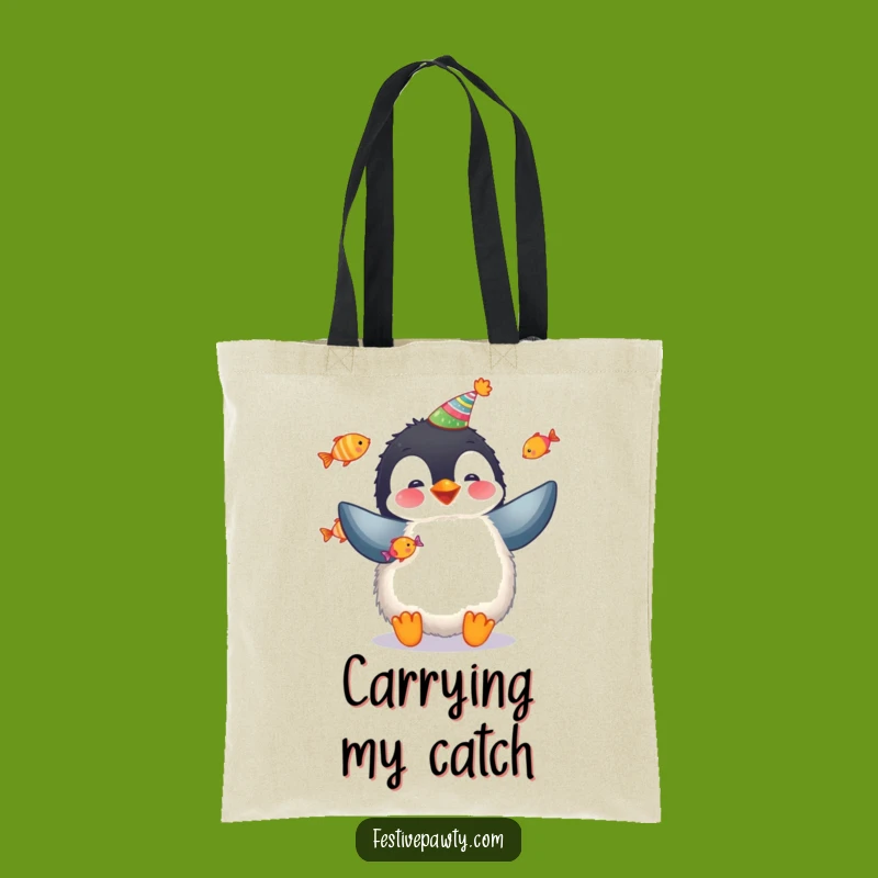 Funny Penguin Party Tote Bag: Fluffy Penguin Juggling Fish for Fun Outings