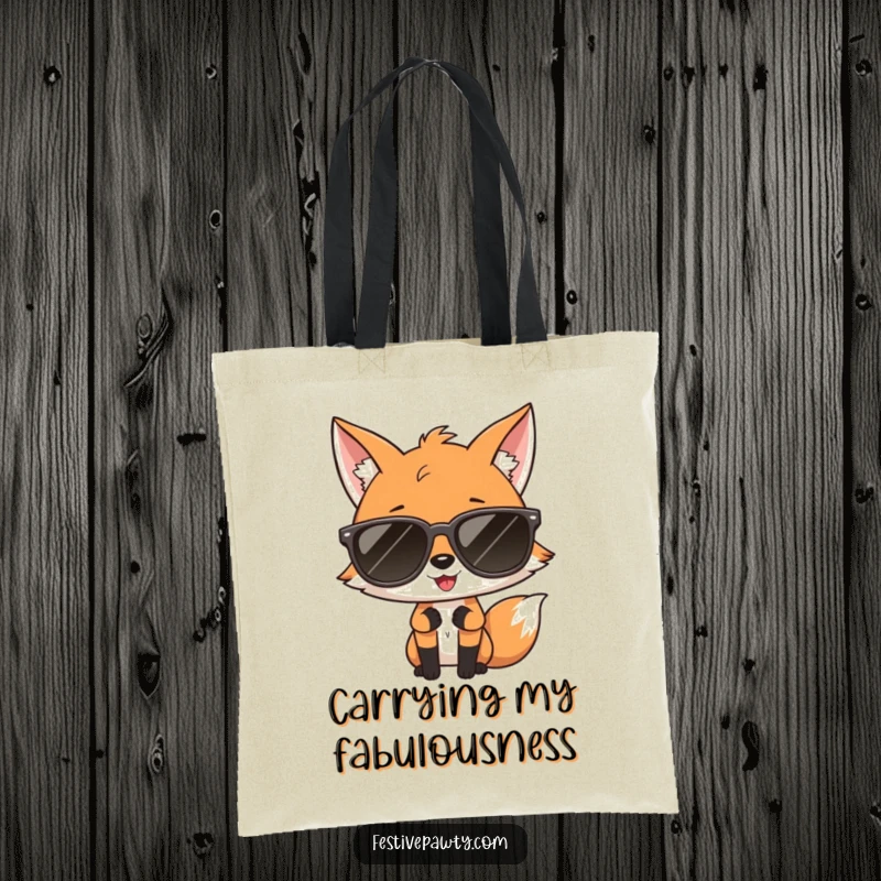 Funny tote bag with a chic fox wearing oversized sunglasses and striking a diva pose, perfect for stylish errands.