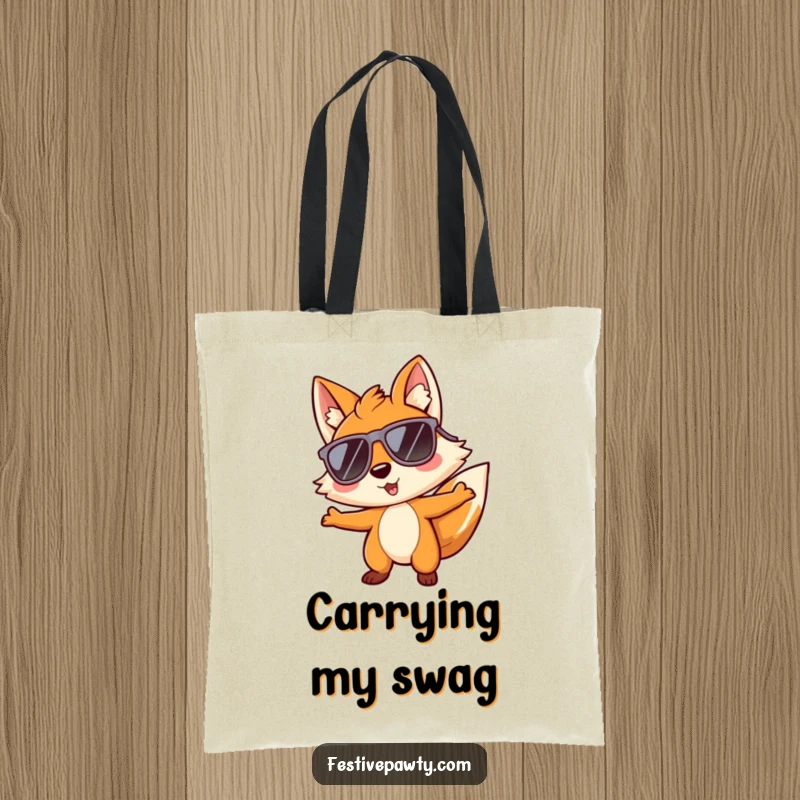 Funny tote bag with a playful fox character wearing large sunglasses and grooving, perfect for carrying essentials in style.