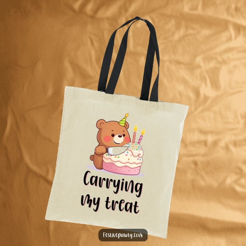 Funny tote bag featuring a happy bear beaming while cutting a giant birthday cake, perfect for carrying party supplies.