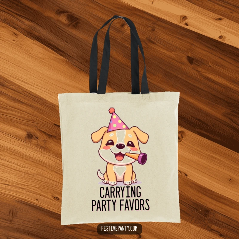 Funny dog character in a party hat blowing a noisemaker, on a tote bag, for a humorous and practical carry-all.