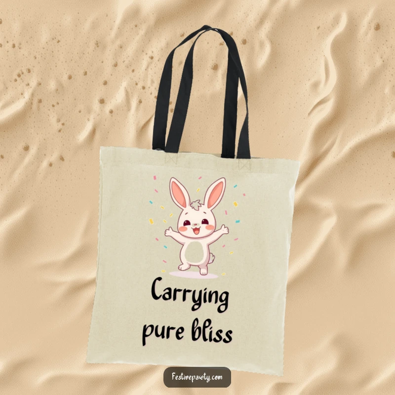 Funny Bunny Tote Bag: A durable and stylish bag featuring a joyful bunny character dancing with a cascade of colorful confetti, perfect for daily use.