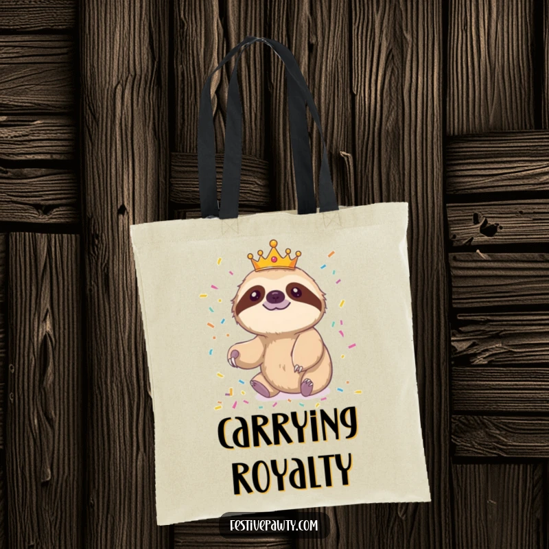 Funny sloth tote bag showing a crowned sloth slowly reaching for confetti, ideal for everyday use.
