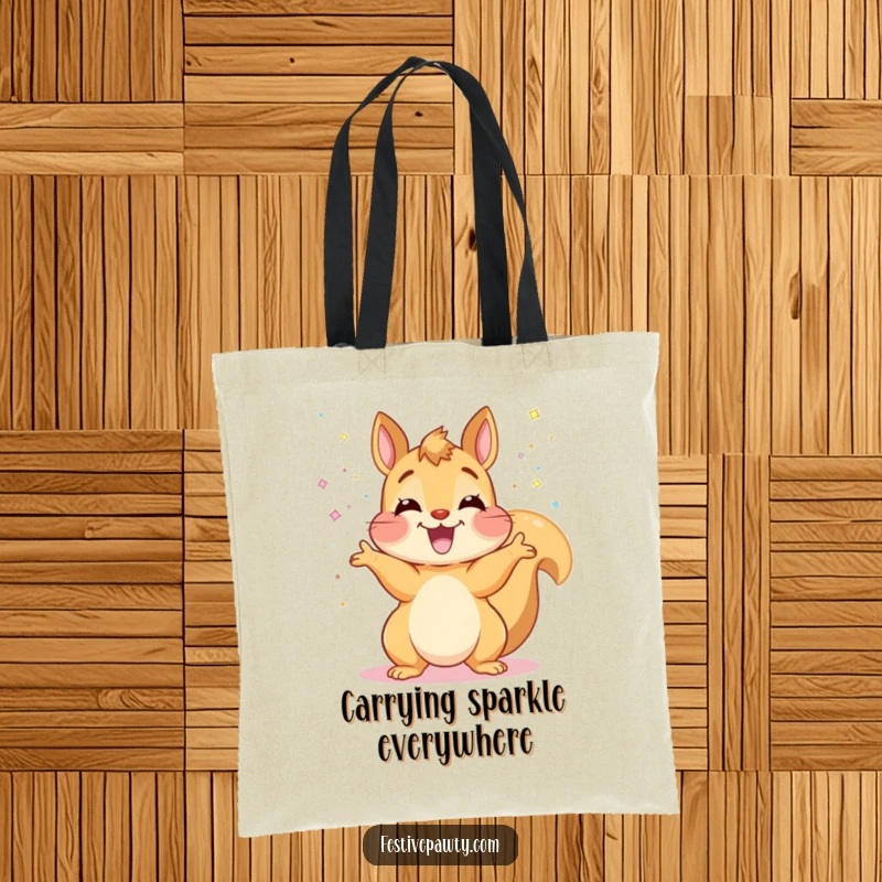 Funny Squirrel Tote Bag: An ecstatic squirrel joyfully scatters shimmering glitter, making this bag a vibrant carry-all.