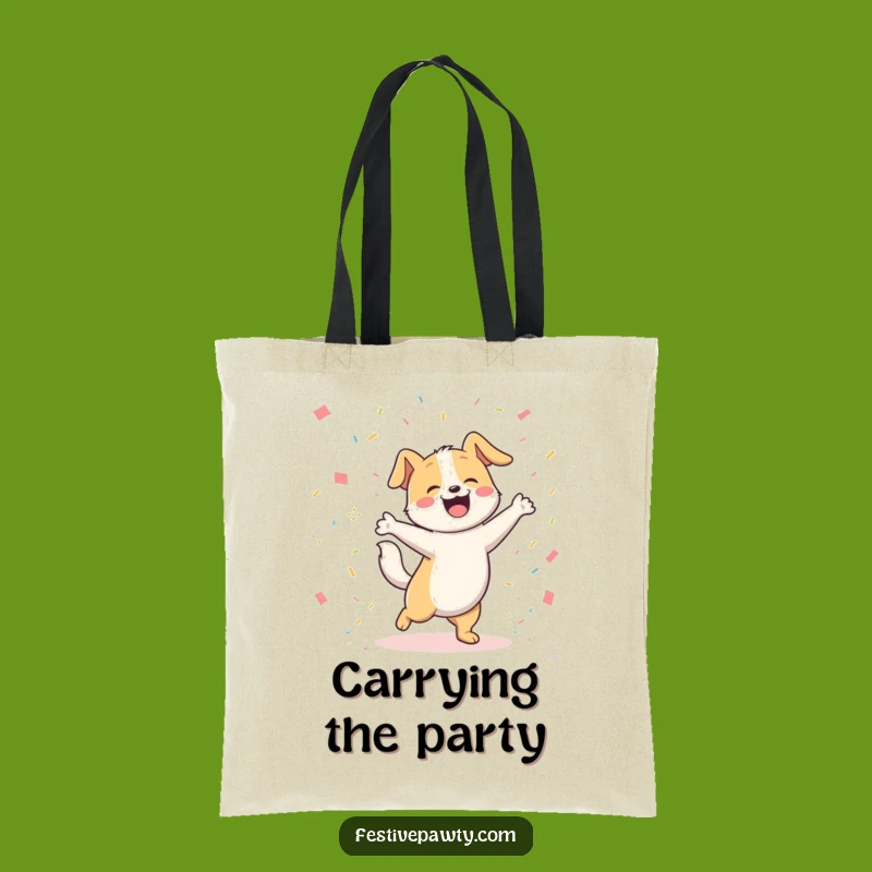 Funny Dog Dancing Tote Bag: Joyful Pooch Wagging Tail in Confetti, Perfect Gift!