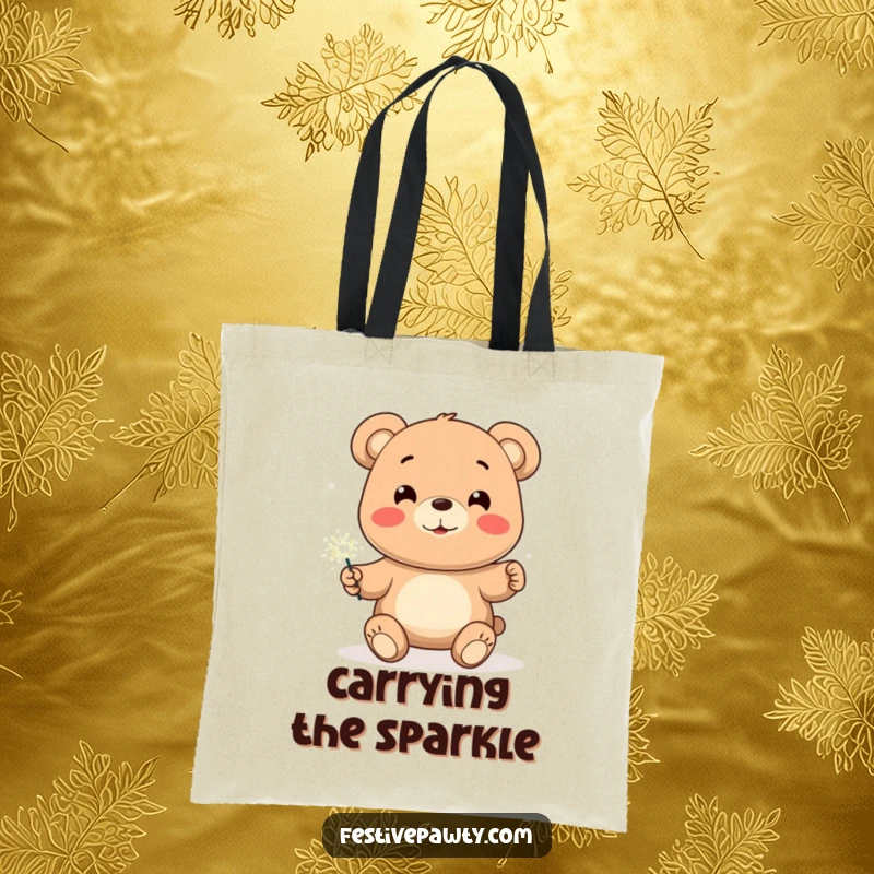 Funny Bear Tote Bag showcasing a smiling cartoon bear holding a brightly lit sparkler, perfect for carrying party essentials.