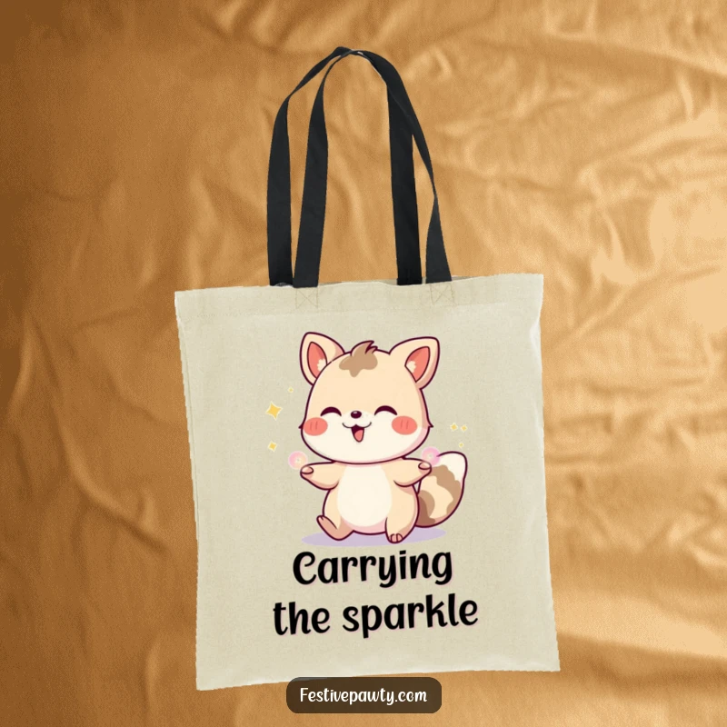 Funny tote bag featuring a cheerful animal juggling glowing party lights, perfect for carrying everyday items with a touch of festive humor.