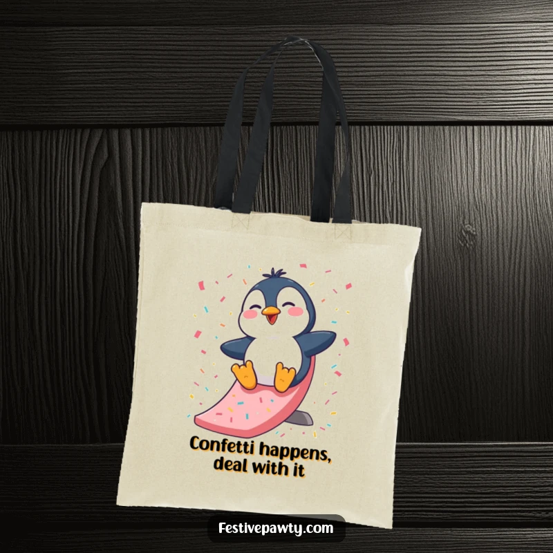 Funny Tote Bag: A giggling penguin character making a joyful descent down a confetti-covered slide, perfect for carrying essentials with flair.