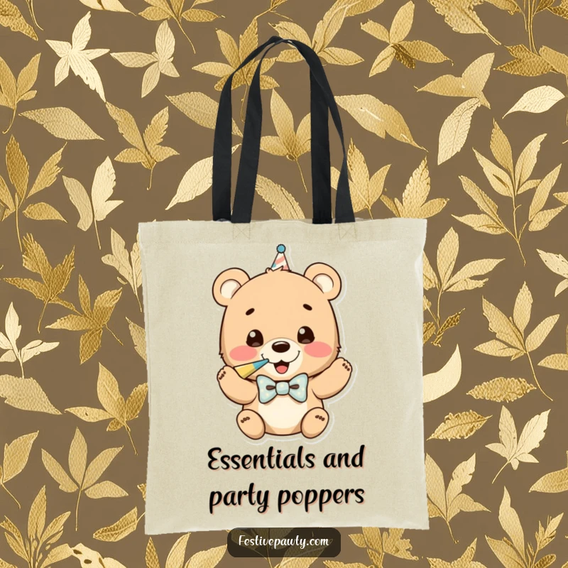 Funny tote bag featuring a cheerful bear cub in a bowtie, blowing a party horn, symbolizing celebration and good times.
