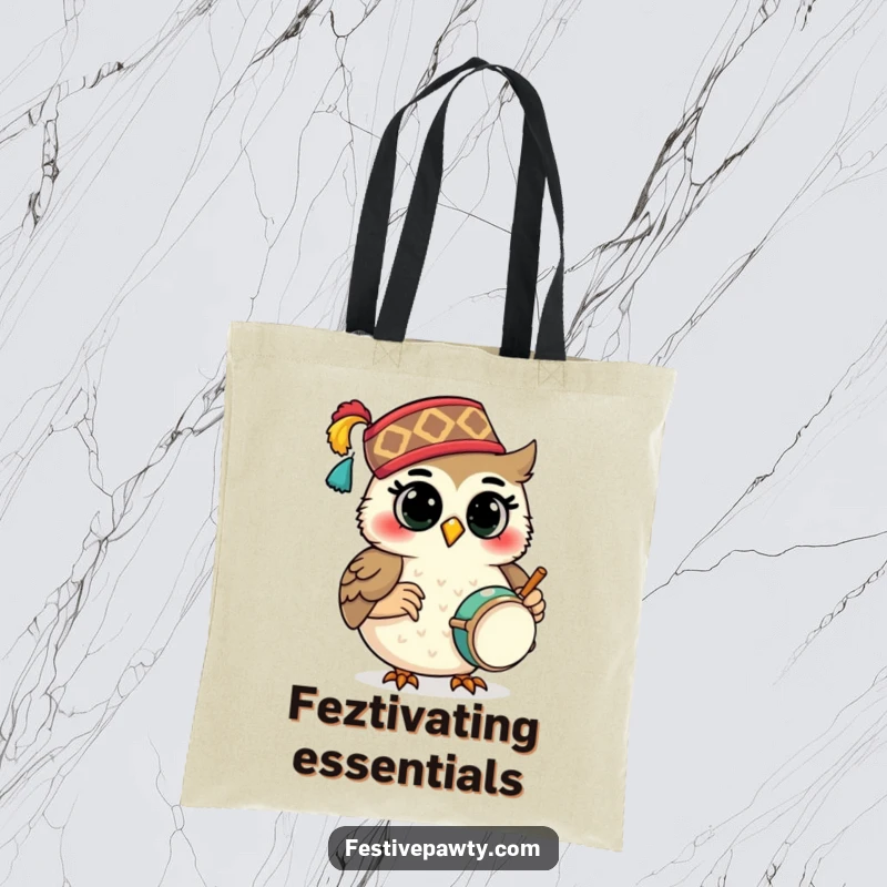 Funny Tote Bag: A smiling owl character in a festive fez rhythmically plays a tiny drum, showcasing musical personality.