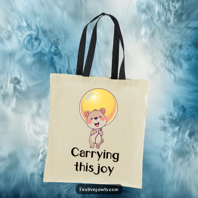 Funny animal character tote bag holding a huge, multicolored balloon, symbolizing happiness and adventure.