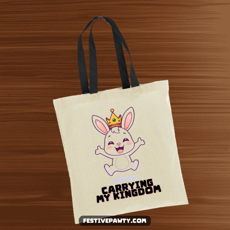 Funny tote bag with a delighted bunny wearing a miniature crown, leaping joyfully, ready to carry your treasures.