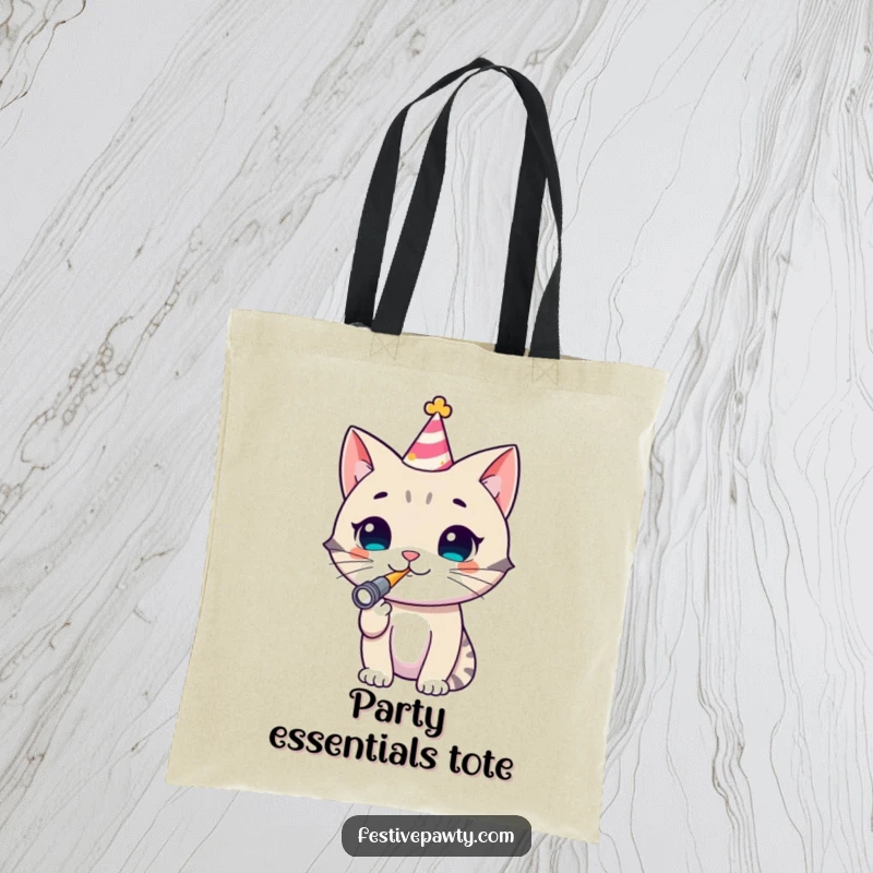 Funny Cat Tote Bag: A reusable bag showcasing a happy cat in a party hat, blowing a noisemaker, perfect for shoppers who love fun.
