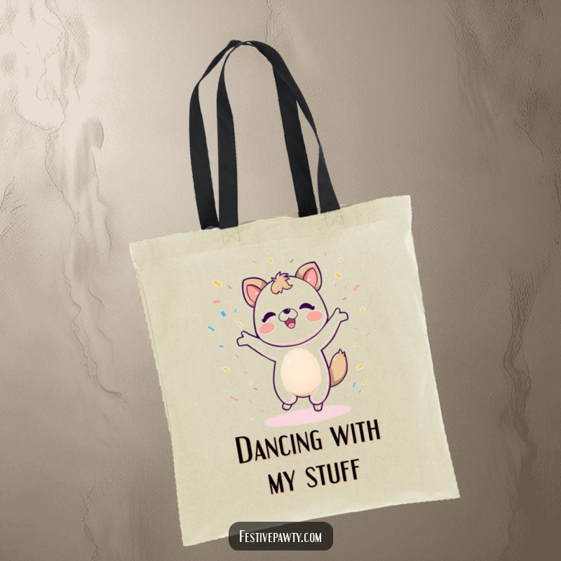 Funny animal character tote bag showing a happy dance and falling confetti, ideal for party essentials.