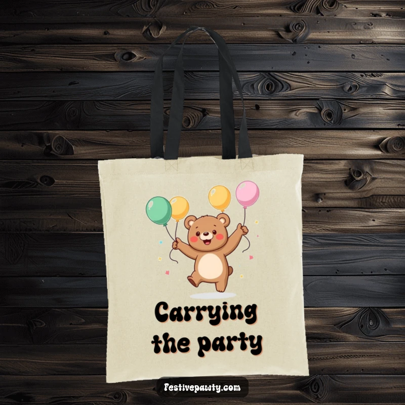 Funny tote bag illustrated with an energetic bear character dancing joyfully amidst streamers and balloons, ready for any adventure.