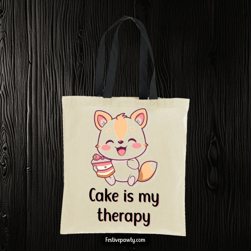 Funny happy animal character tote bag enthusiastically holding a slice of tempting cake, perfect for grocery runs.