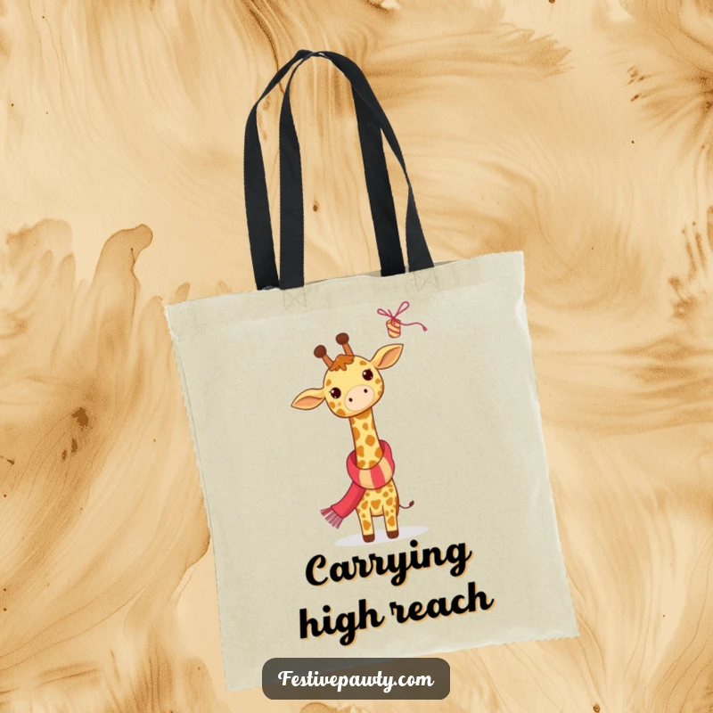 Funny Giraffe Tote Bag: A giraffe wearing a scarf reaches for a streamer, making it a festive and humorous accessory.