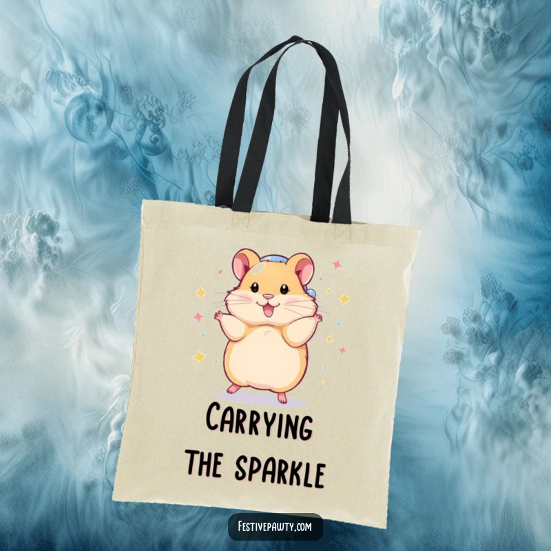 Funny Tote Bag with a playful hamster in a shiny disco ball costume, doing a dazzling spin, perfect for carrying your party essentials.