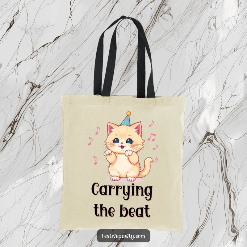 Funny Tote Bag with a fluffy kitten wearing a party hat, conducting a vibrant orchestra of musical notes, perfect for everyday use.