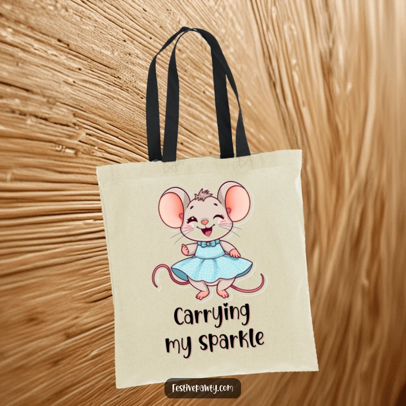Funny Mouse Party Tote Bag: A delighted mouse grins, looking fabulous while trying on a sequined party dress.