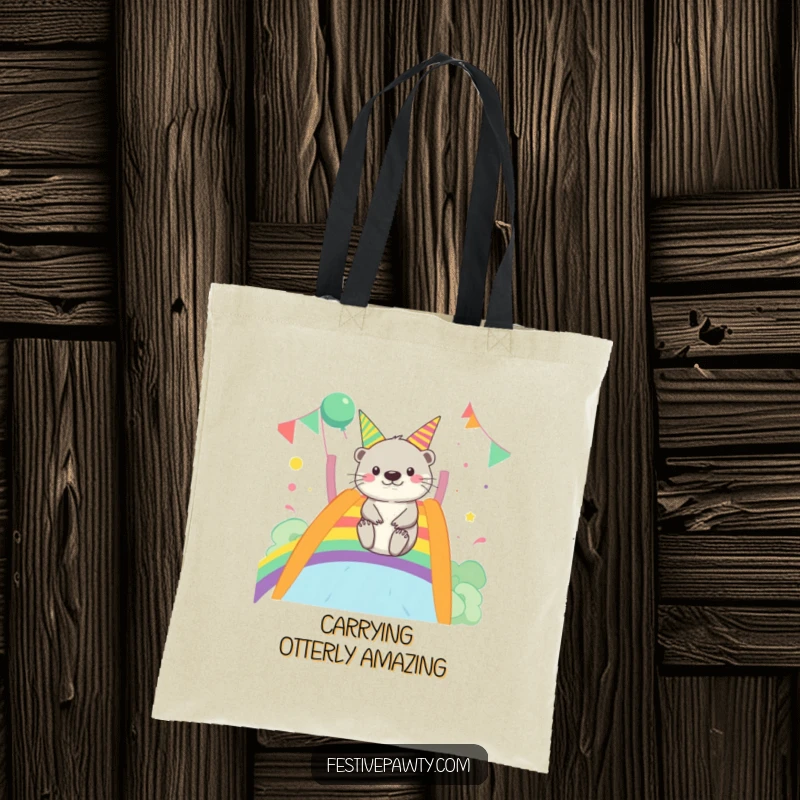 Funny Otter Tote Bag: A merry otter gleefully slides down a vibrant rainbow, making this bag a fun travel companion.
