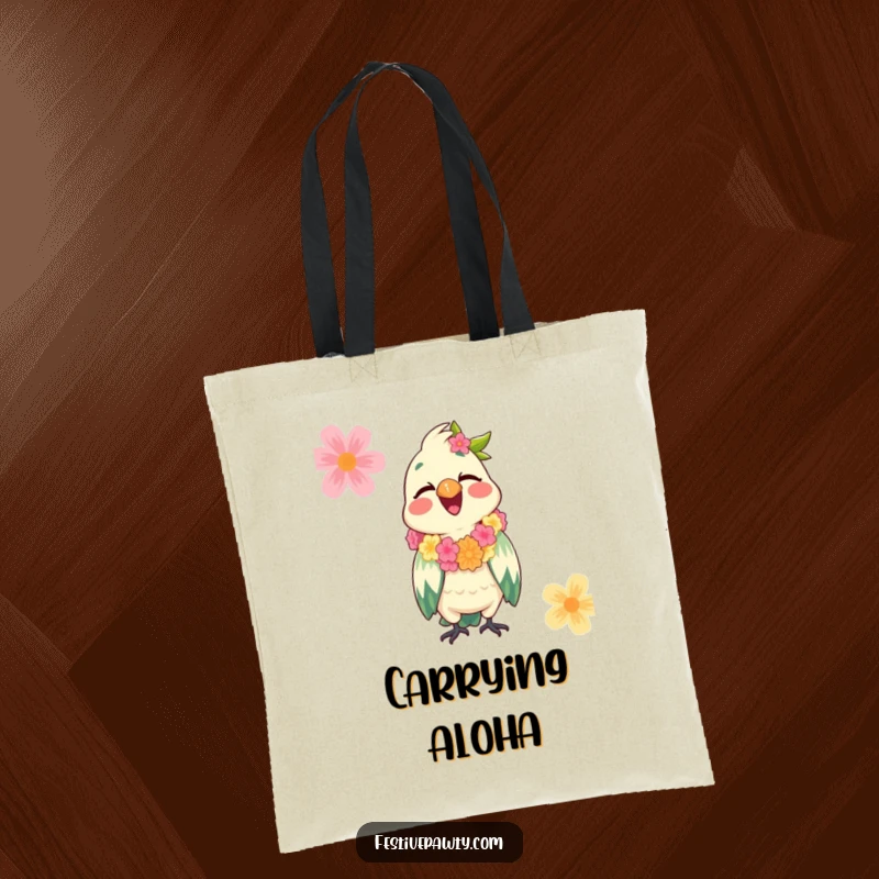 Funny Parrot Tote Bag showing a giggling parrot wearing a festive lei, perfect for carrying items with a tropical and humorous flair.