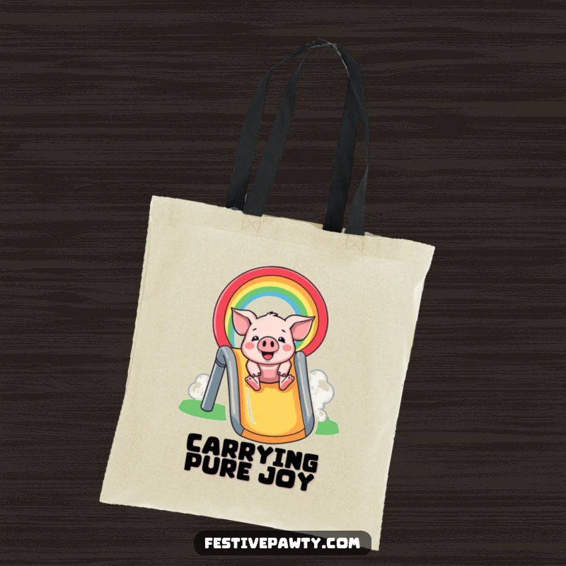 Funny Tote Bag: A cheerful pig slides down a dazzling rainbow, perfect for carrying your items with playful energy.