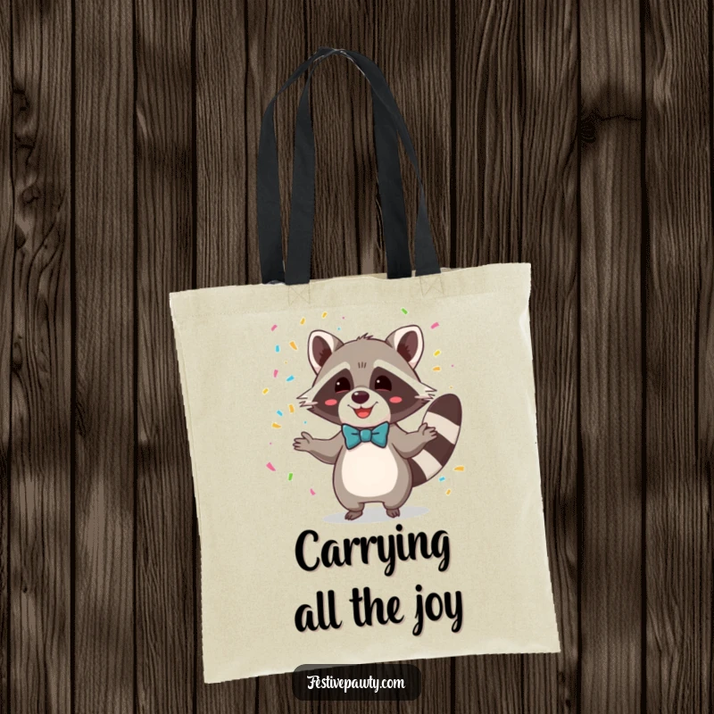 Funny tote bag featuring a sophisticated raccoon in a bowtie, gleefully juggling colorful confetti, ideal for a humorous present.