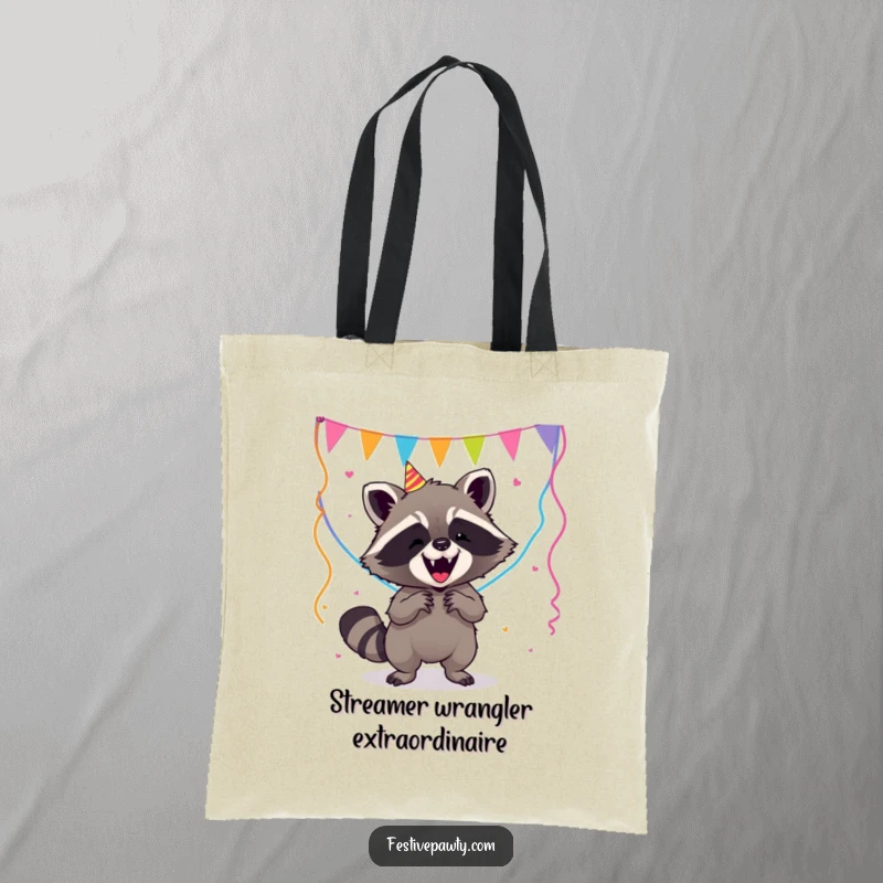 Funny Raccoon Tote Bag: A hilarious raccoon humorously struggles with a tangle of bright party streamers, ready for any adventure.