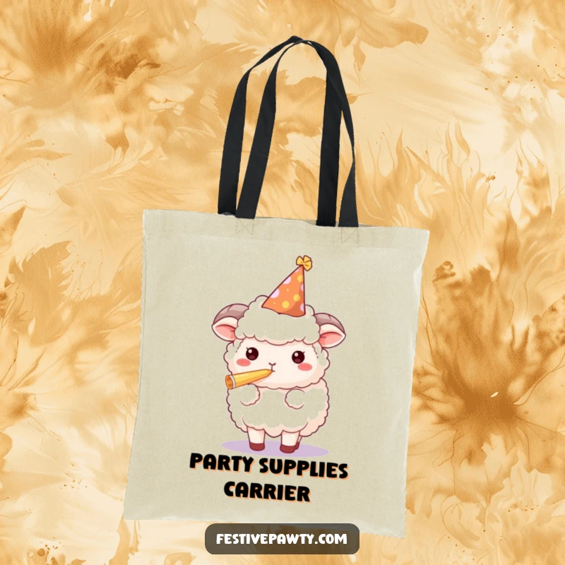 Funny sheep tote bag featuring a fluffy character wearing a party hat and blowing a horn, perfect for partygoers.