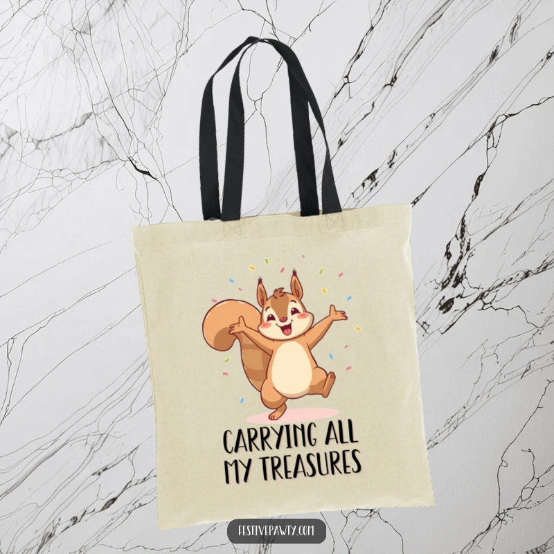 Funny tote bag featuring a triumphant squirrel doing a cartwheel with colorful confetti raining down, perfect for carrying smiles.