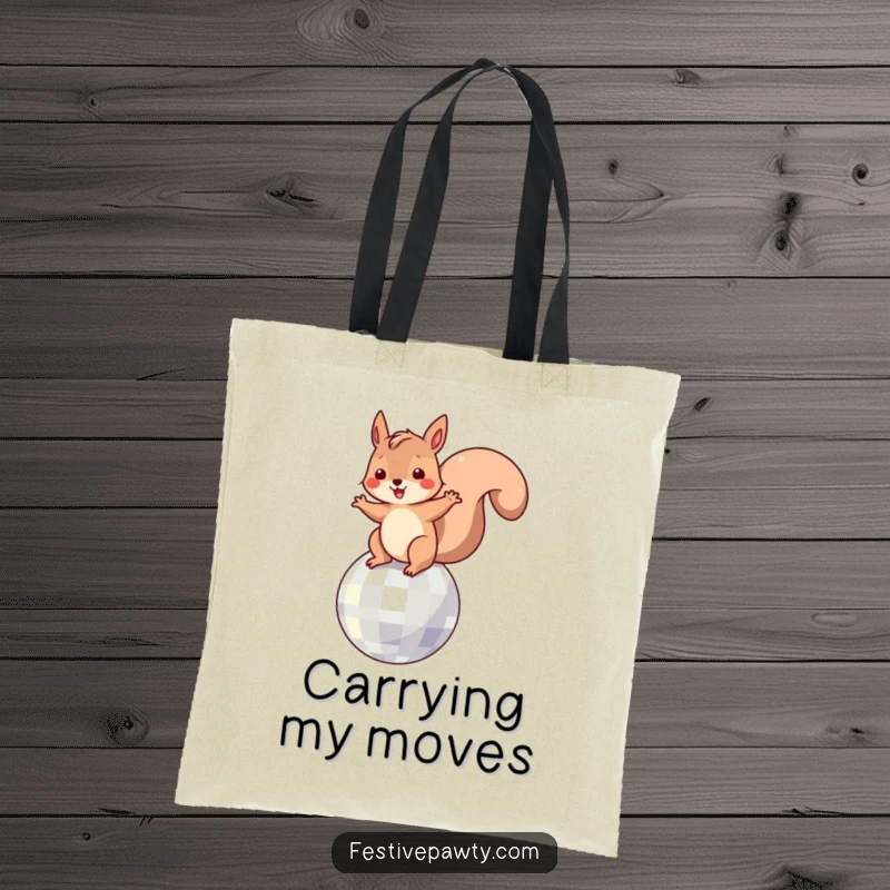 Funny Tote Bag: A cheerful squirrel dancing energetically on a vibrant, spinning disco ball.