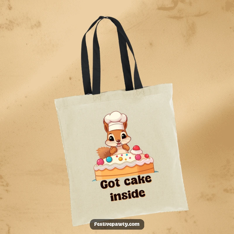 Funny tote bag with a mischievous squirrel in a chef hat, decorating a colossal cake, ideal for baker gifts.