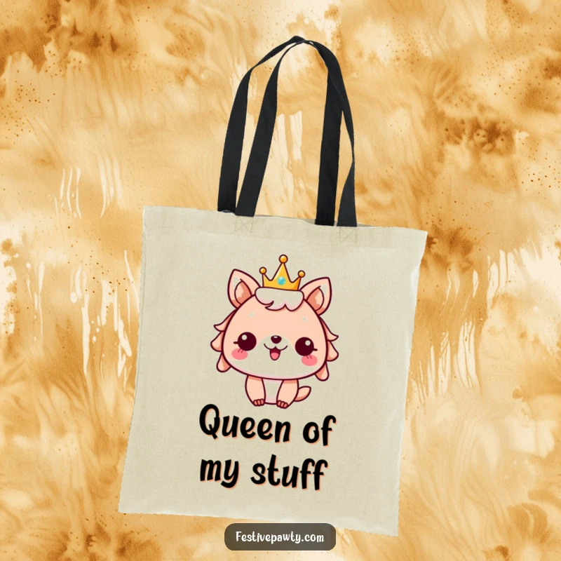 Funny festive animal tote bag, character wearing a glittering crown, cheering exuberantly, perfect for carrying party supplies.