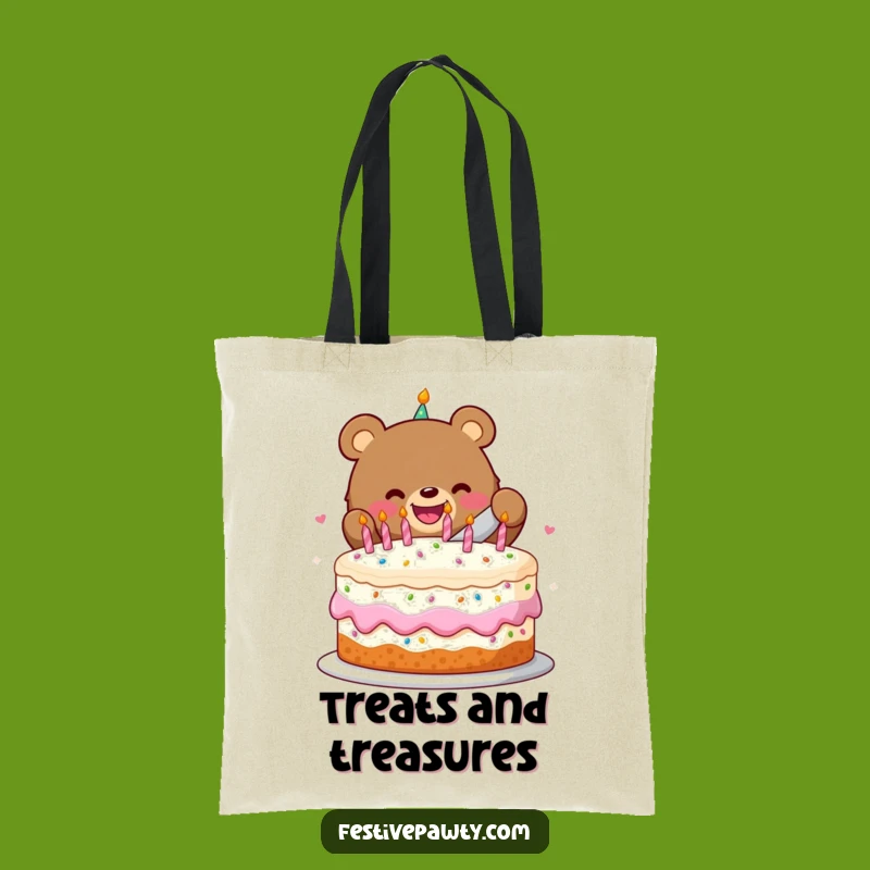 Festive Funny Birthday Bear Cake Slice Tote Bag - Carry Your Joy with Humorous Style